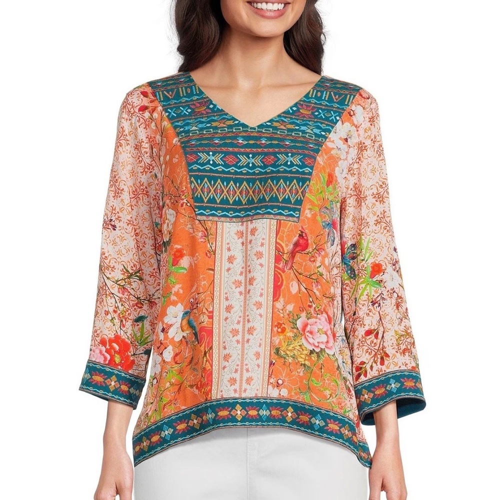 NWT - John Mark Embroidered V-Neck Melon Plus-Size Bohemian Floral Blouse